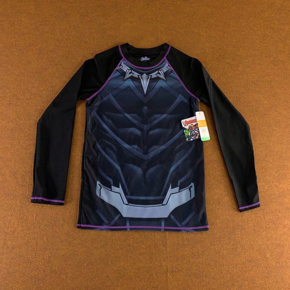 Marvel Avengers Boys Size 14/16 Black Panther UPF 50+ Long Sleeve Rash Guard NWT